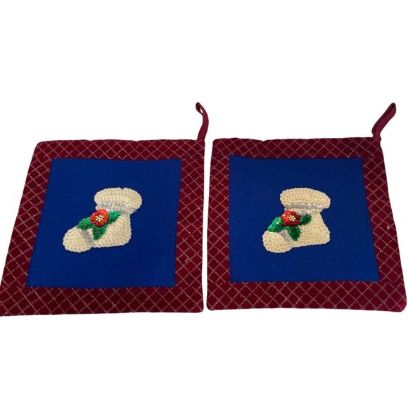 Vintage Red & Blue Christmas Pot Holders With Sequin Boot Design Quilted Set Of - Picture 2 of 9